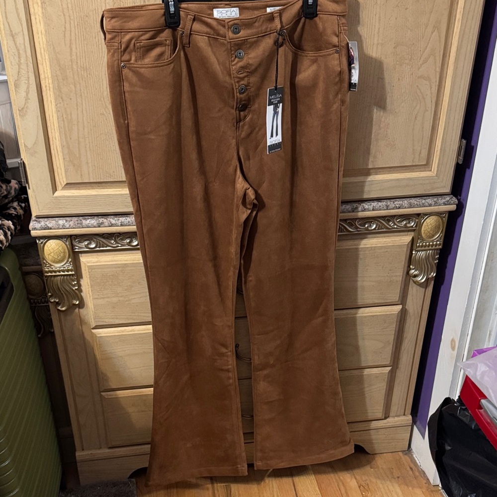 Sofia by Sofia Vergara High Rise Flare Suede Jeans in Brown
